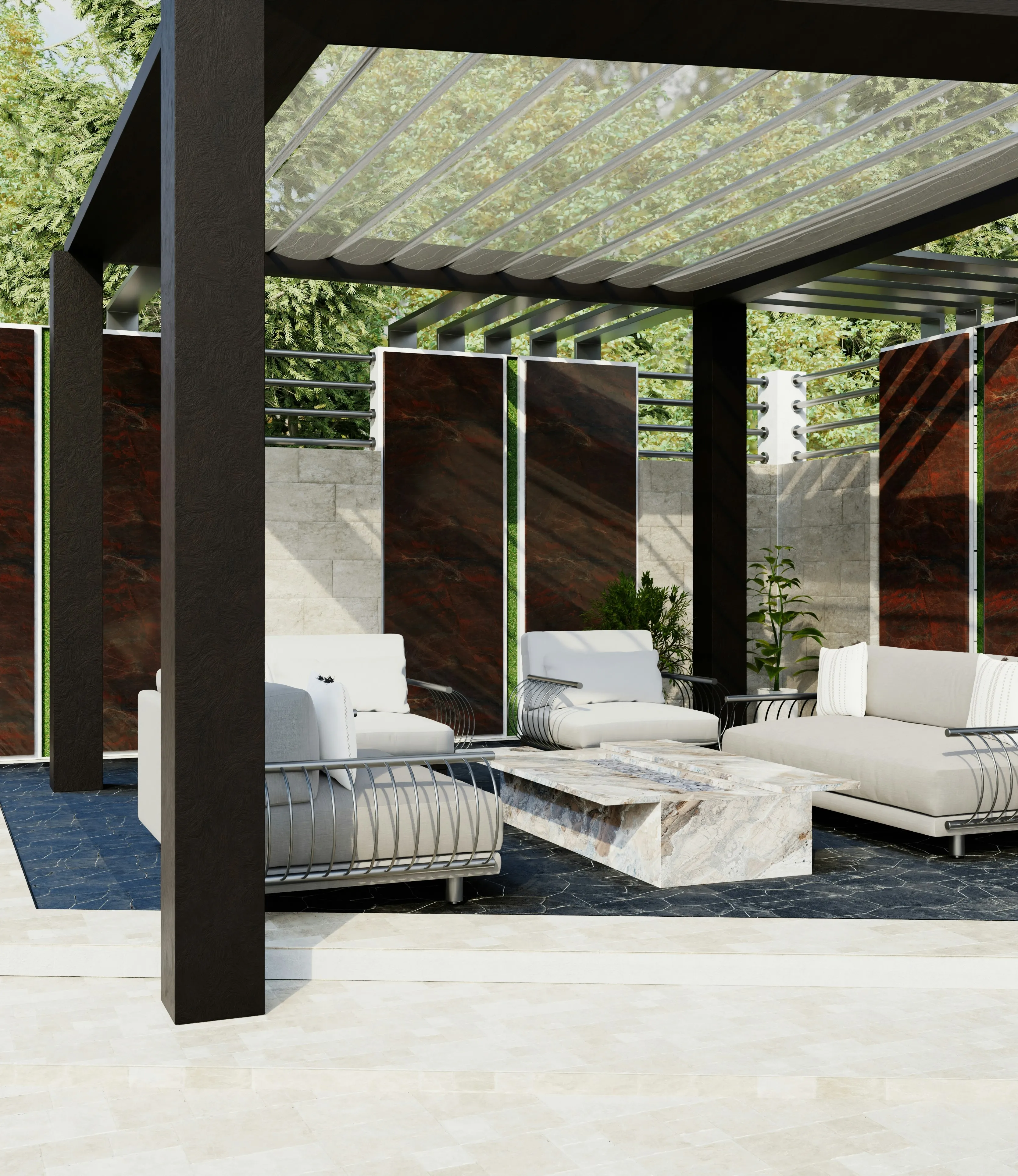 Pergola with a louvered roof over an outdoor lounge