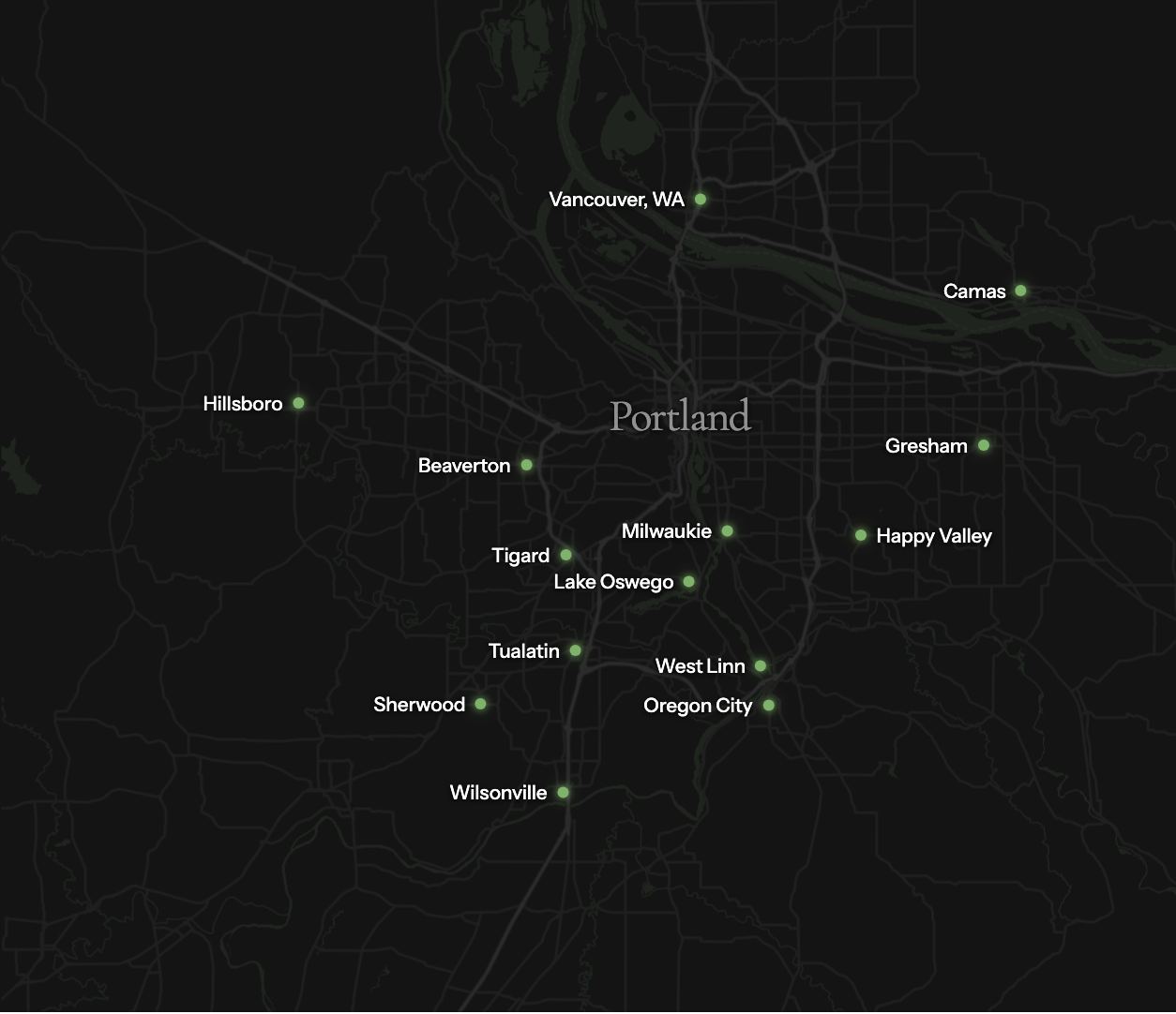 Map of Portland Patio service areas across the Portland metro: Portland, Beaverton, Hillsboro, Lake Oswego, Tigard, Gresham, Vancouver WA and surrounding cities